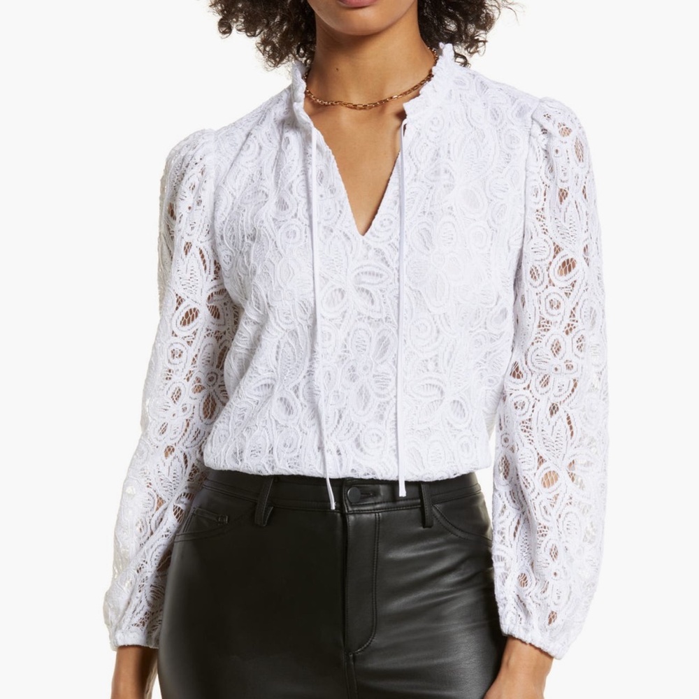 Halogen Tie Front Lace Cotton Blend Blouse